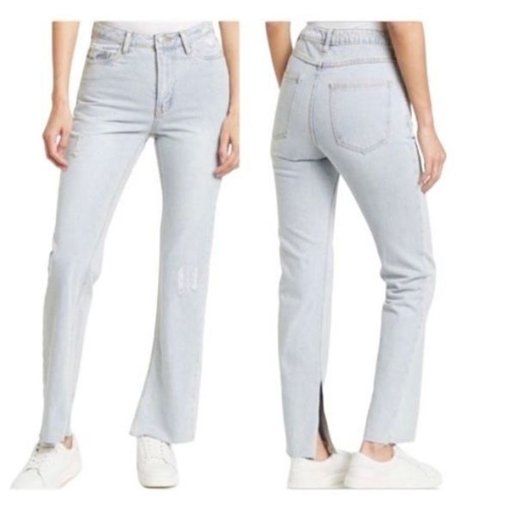 Avec Les Filles Split Hem Jeans High Rise Straight Leg Light Wash Distressed Siz